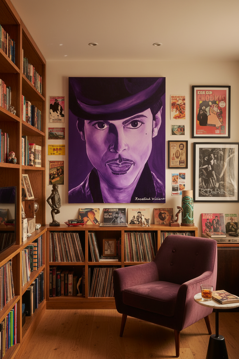 The Purple One all-violet monochromatic Prince portrait canvas print as the crown jewel of a chic collector's study with floor-to-ceiling bookshelves and vintage vinyl record collection