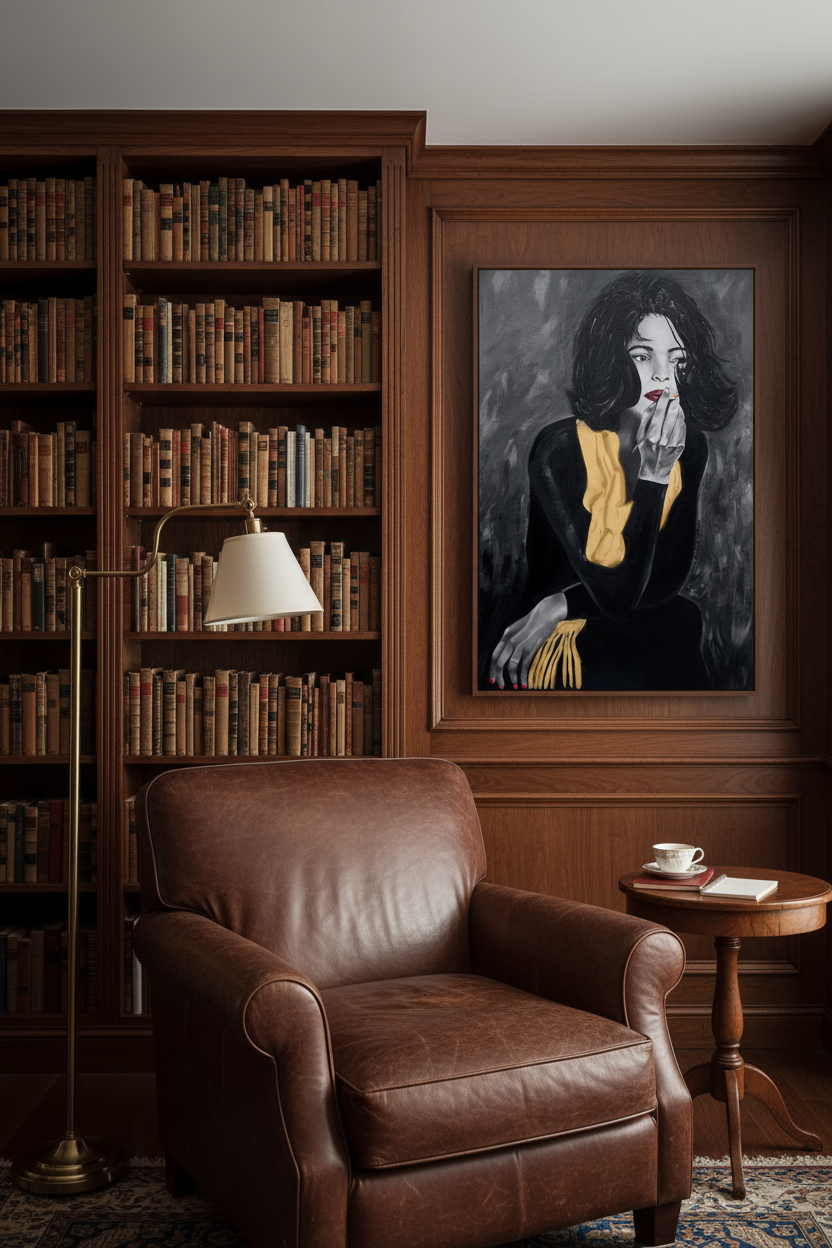 Deb In Paris portrait canvas print in black and white monochrome displayed on dark wood panelling in a sophisticated home library with leather armchair and warm reading lamp