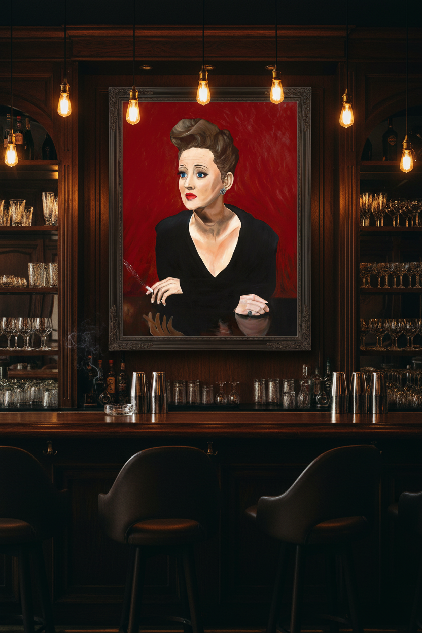 Bette Davis color canvas print displayed in a moody upscale cocktail bar and jazz lounge