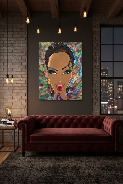 Alter Ego canvas print staged in a moody urban loft with dark gallery wall and velvet sofa