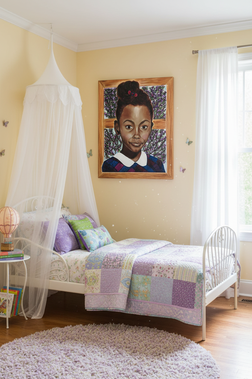 Baby Minnow color canvas print staged in a child's bedroom with canopy bed and pastel walls