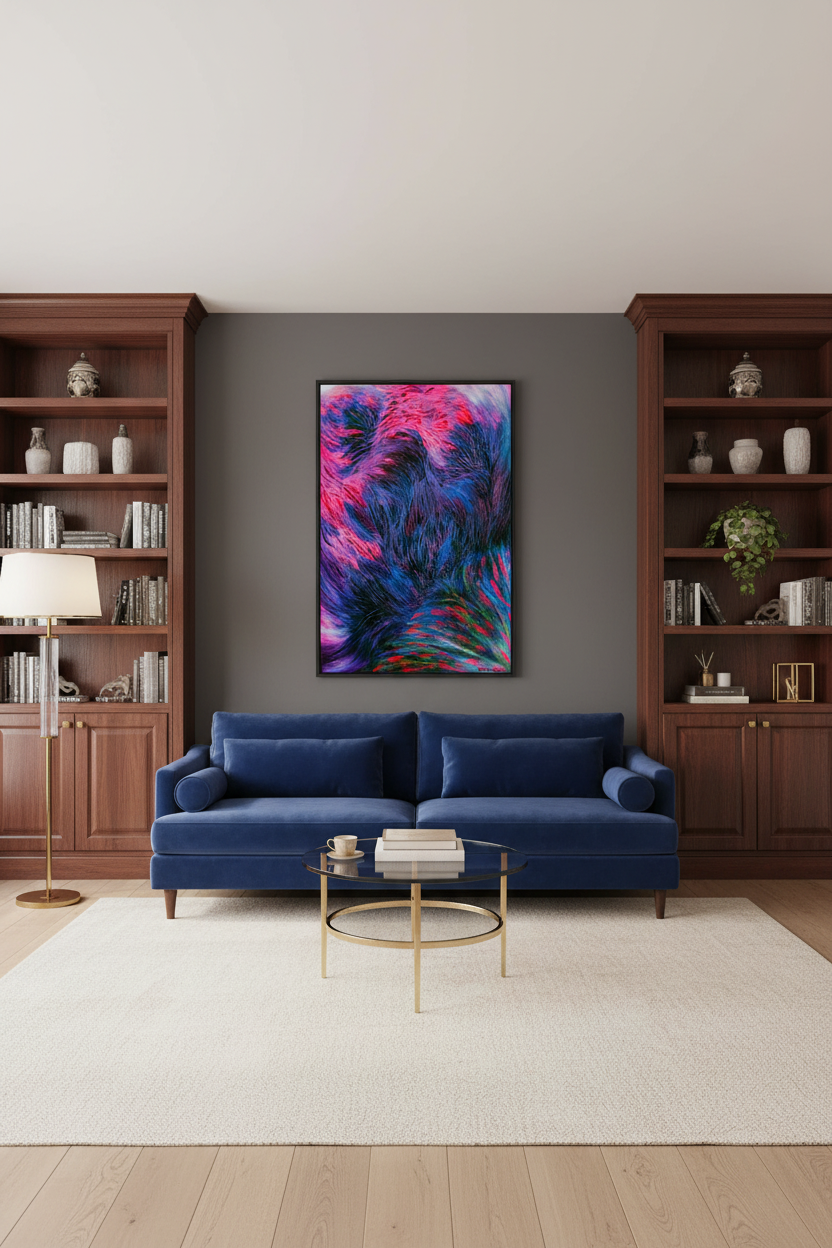 Brainstorm color abstract canvas print displayed on an accent wall in a sophisticated therapist's private office