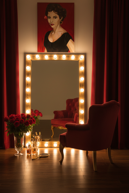 Dorothy Dandridge portrait canvas print displayed in an Old Hollywood glamour dressing room with vanity lights, gold accents and deep red velvet