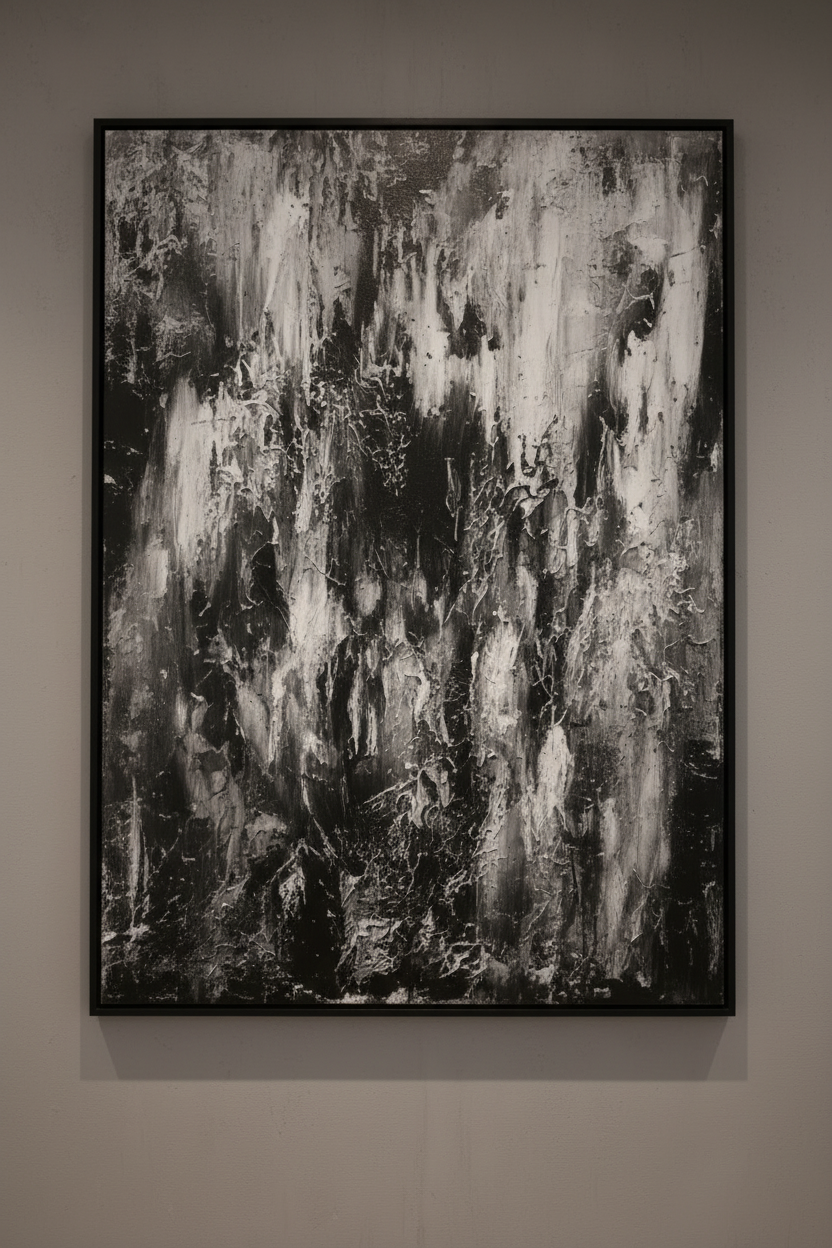Cosmic abstract canvas print in black and white monochrome displayed straight on in a sophisticated executive boardroom