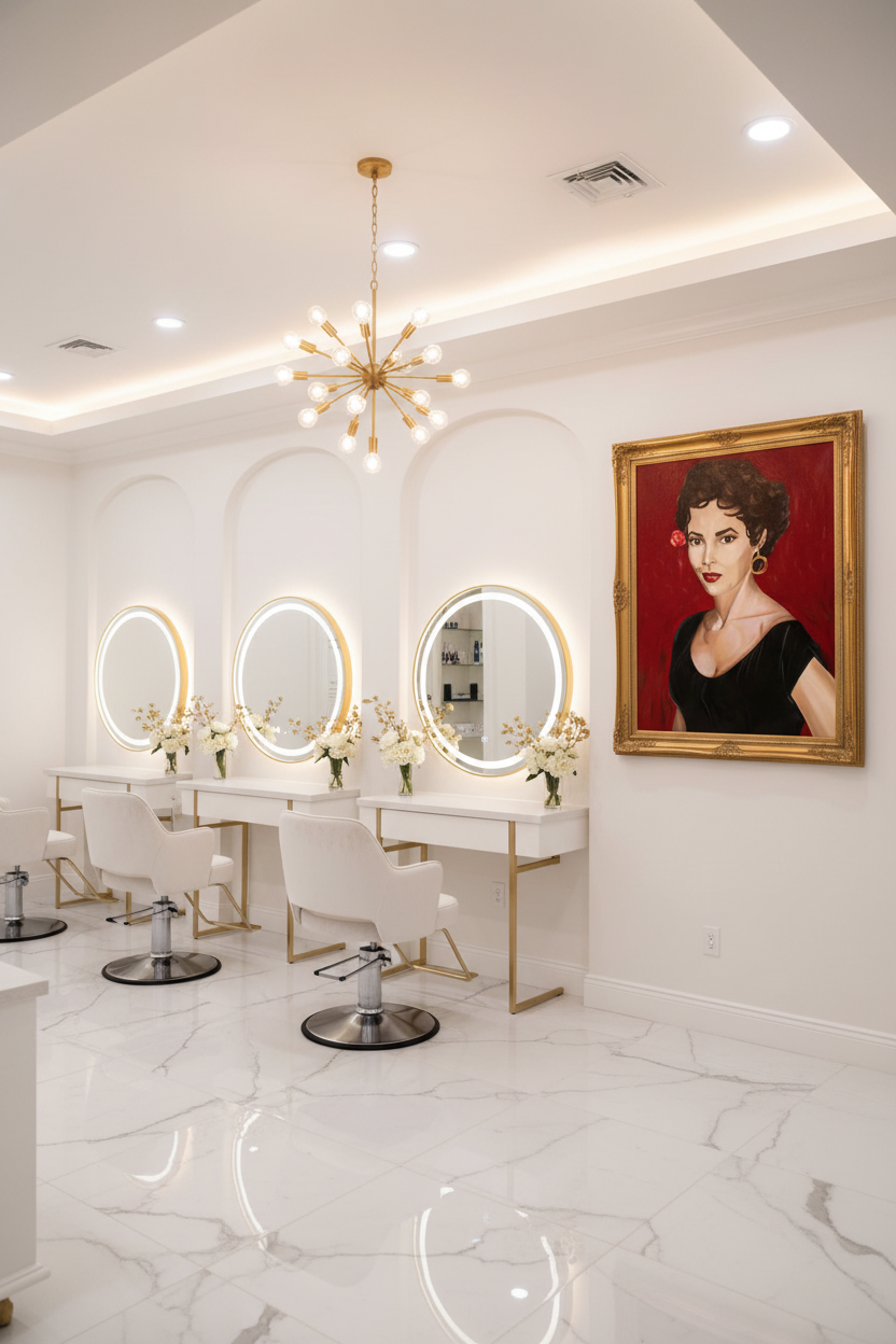 Dorothy Dandridge portrait canvas print displayed as an iconic beauty art piece in a chic upscale beauty salon with white and gold interior