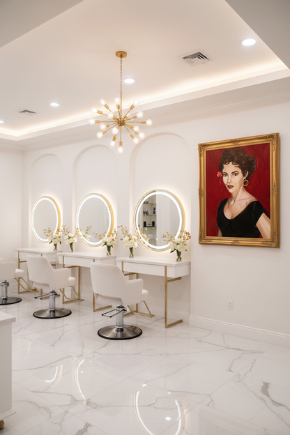 Dorothy Dandridge portrait canvas print displayed as an iconic beauty art piece in a chic upscale beauty salon with white and gold interior