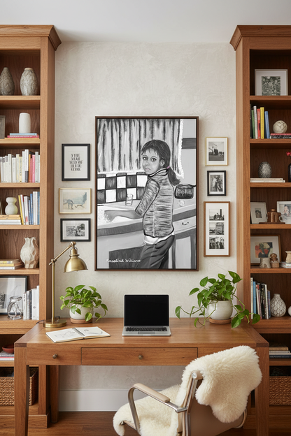 Dishwashing Blues canvas print in black and white monochrome displayed with personality in a stylish creative home office and studio