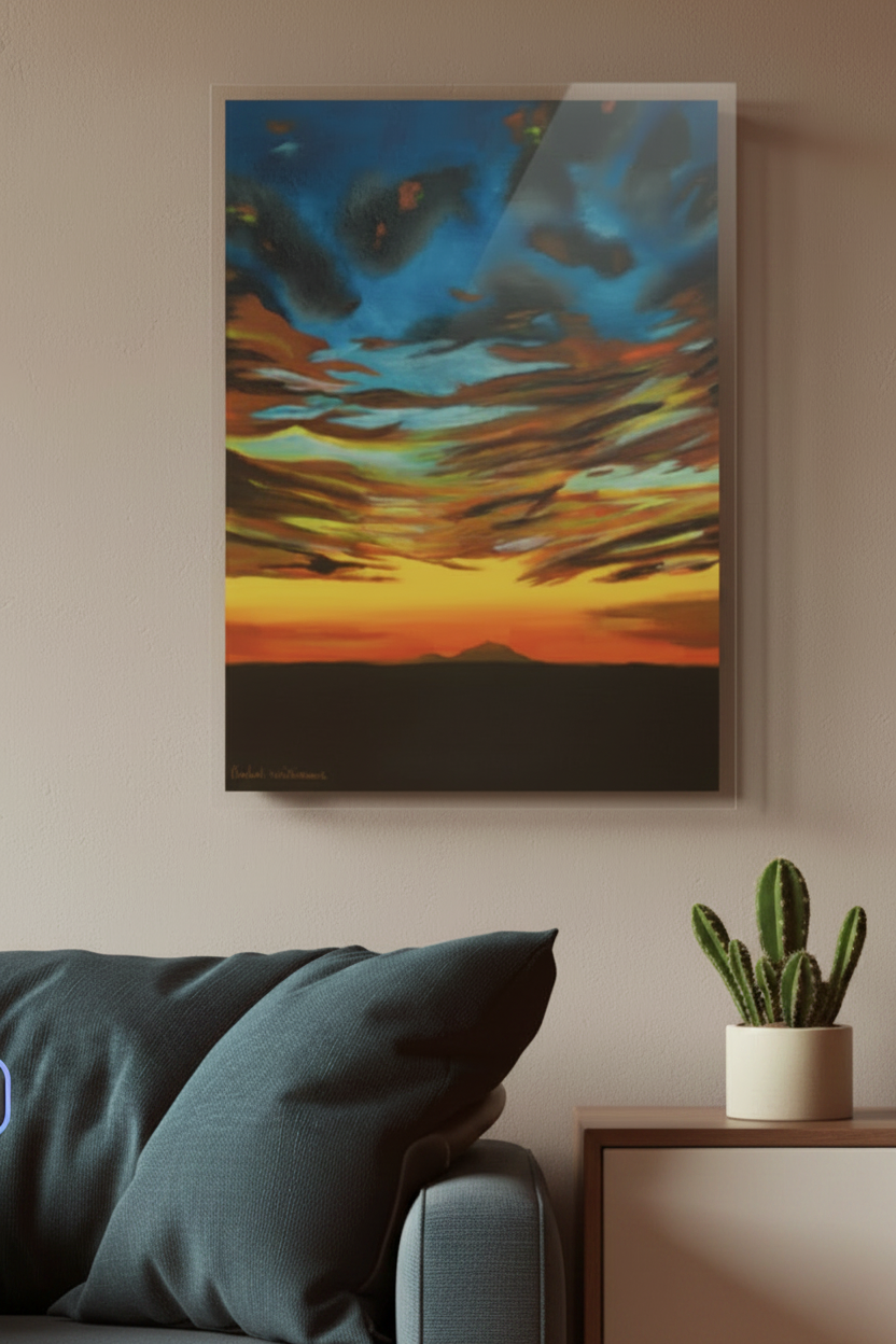 Desert Storm abstract landscape painting displayed in a room with an invisible floating mount