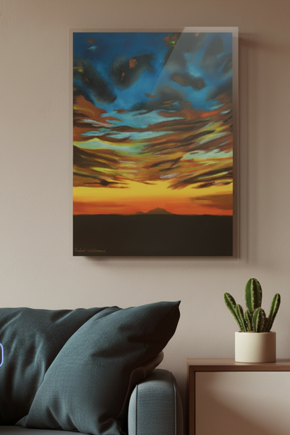 Desert Storm abstract landscape painting displayed in a room with an invisible floating mount