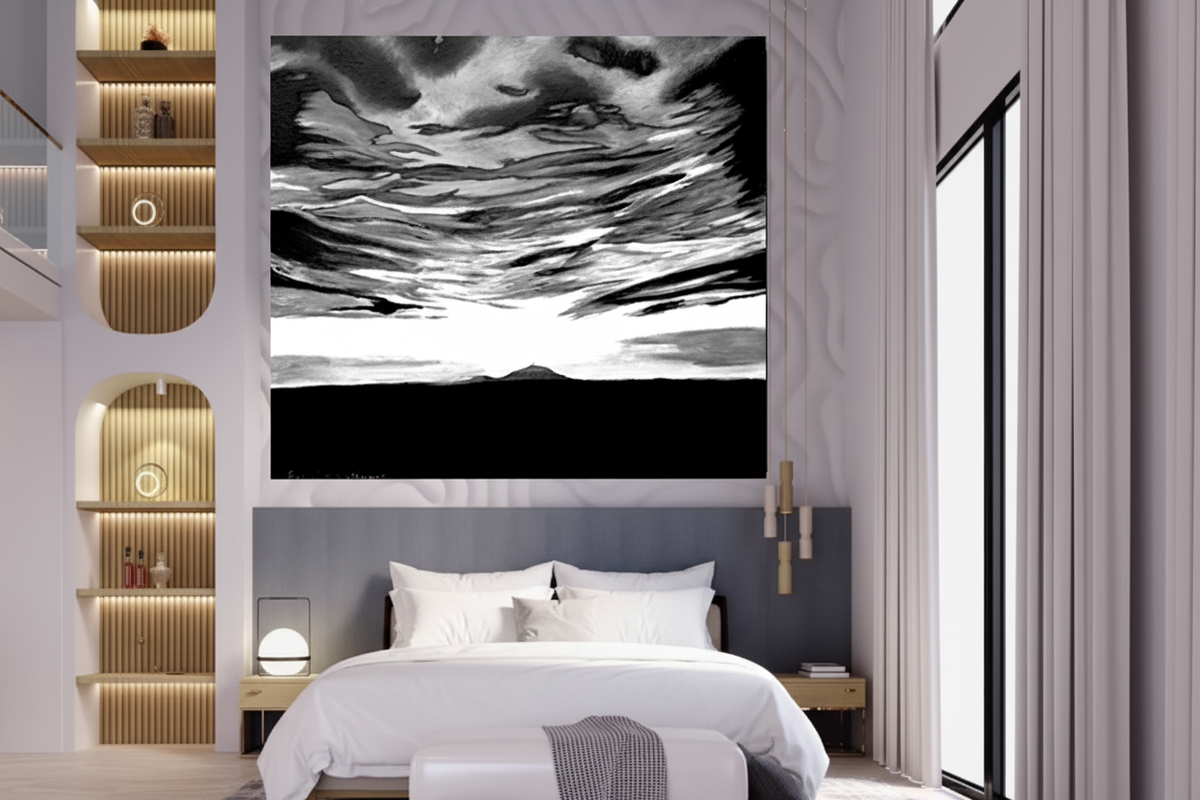 Desert Storm landscape canvas print in black and white monochrome displayed horizontally above the headboard in a minimalist bedroom with white linen bedding