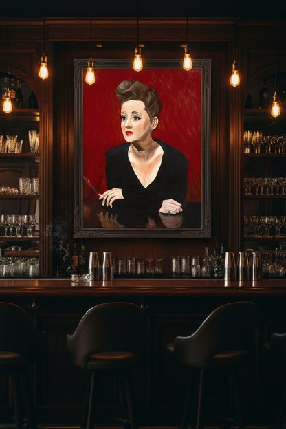 Bette Davis color canvas print displayed in a moody upscale cocktail bar and jazz lounge