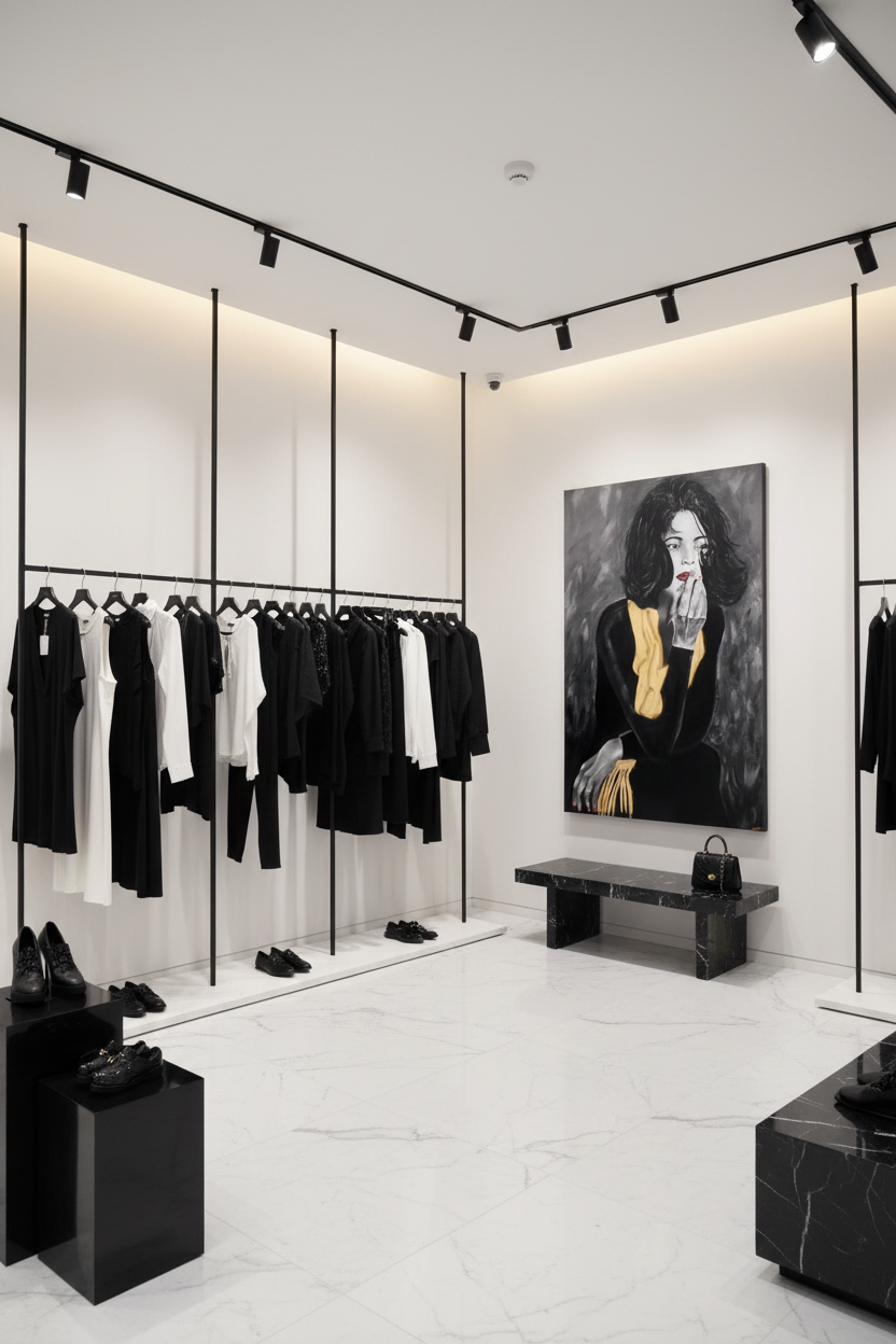 Deb In Paris portrait canvas print in black and white monochrome displayed in a chic high-end fashion boutique with sleek black and white interior