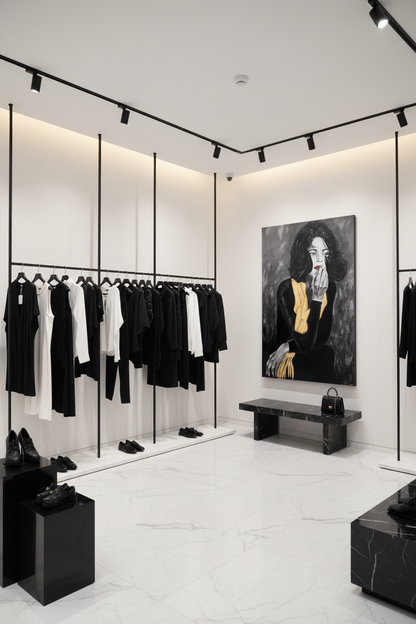 Deb In Paris portrait canvas print in black and white monochrome displayed in a chic high-end fashion boutique with sleek black and white interior