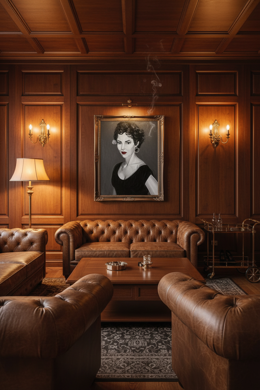 Dorothy Dandridge portrait canvas print in black and white monochrome displayed on dark wood panelling in a distinguished private members club with leather chesterfield sofas and brass fixtures