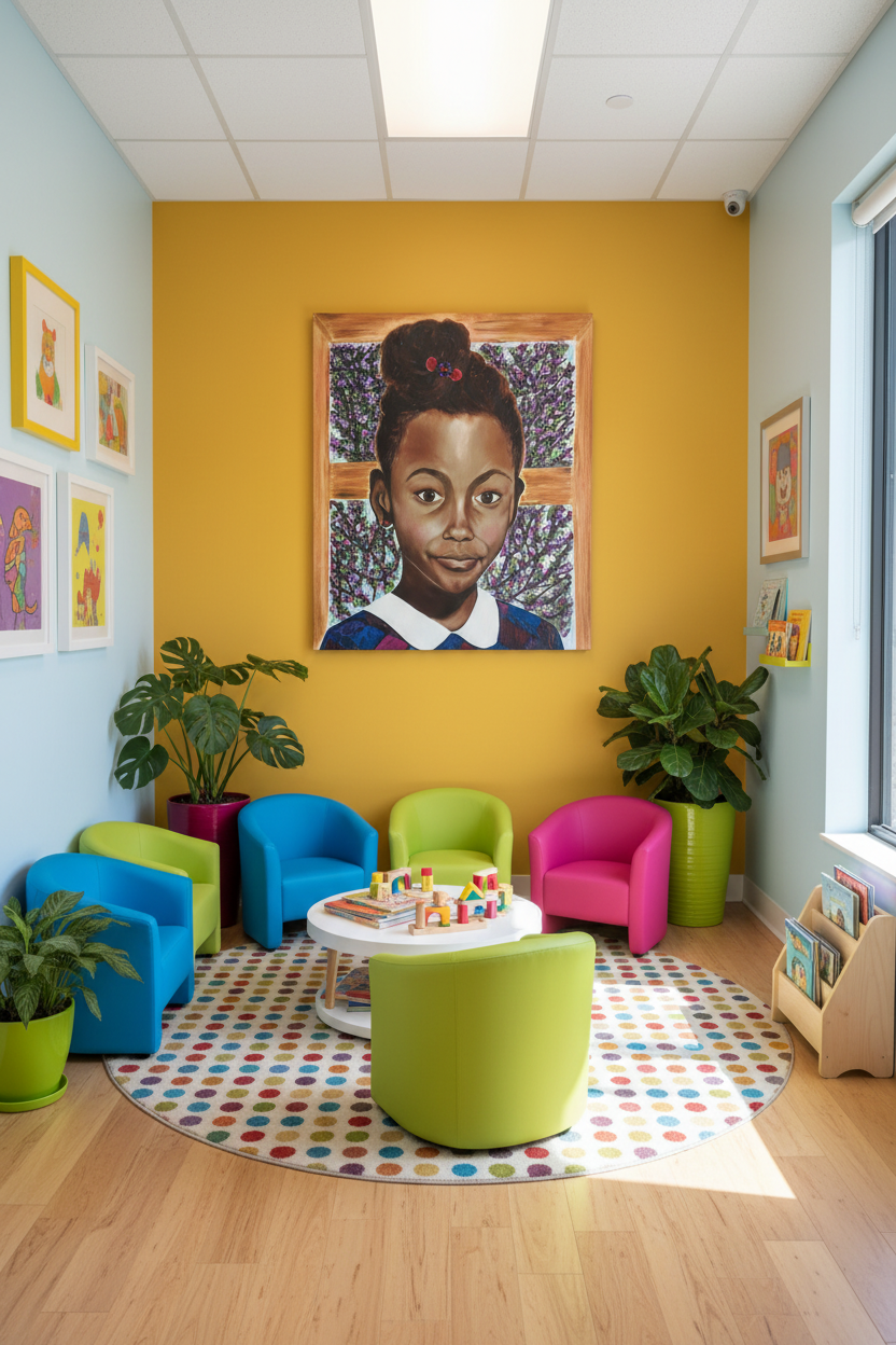 Baby Minnow color canvas print hung in a cheerful pediatric office waiting room