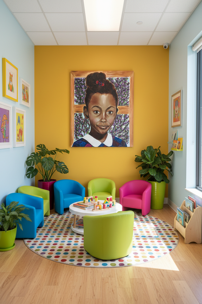 Baby Minnow color canvas print hung in a cheerful pediatric office waiting room