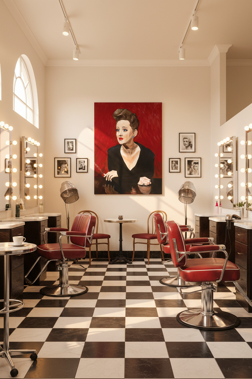 Bette Davis color canvas print displayed in a chic vintage-inspired hair salon with retro styling chairs
