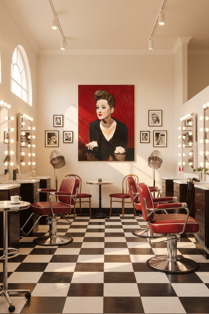 Bette Davis color canvas print displayed in a chic vintage-inspired hair salon with retro styling chairs