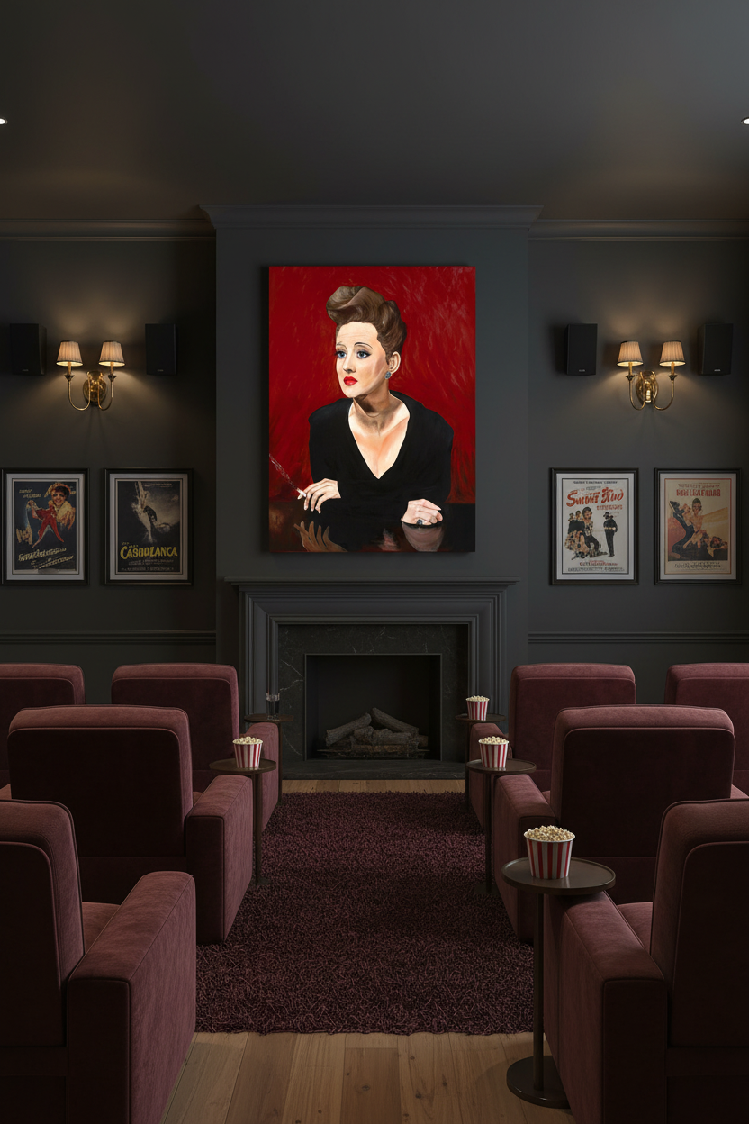 Bette Davis color canvas print hung in an elegant home theater with velvet seating and vintage movie posters