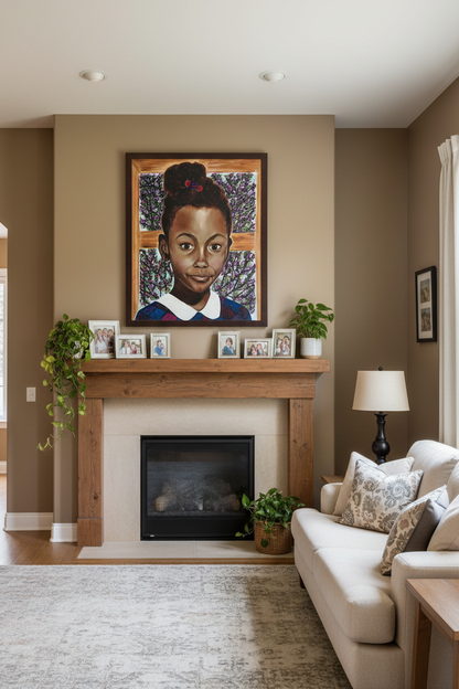 Baby Minnow color canvas print displayed above a fireplace mantle in a warm family living room