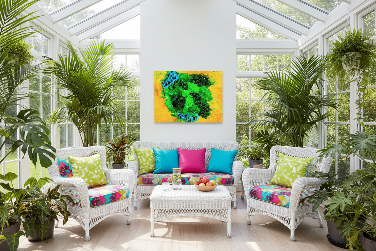 Buffalo abstract canvas print displayed in a bright airy sunroom with lush indoor plants and natural light