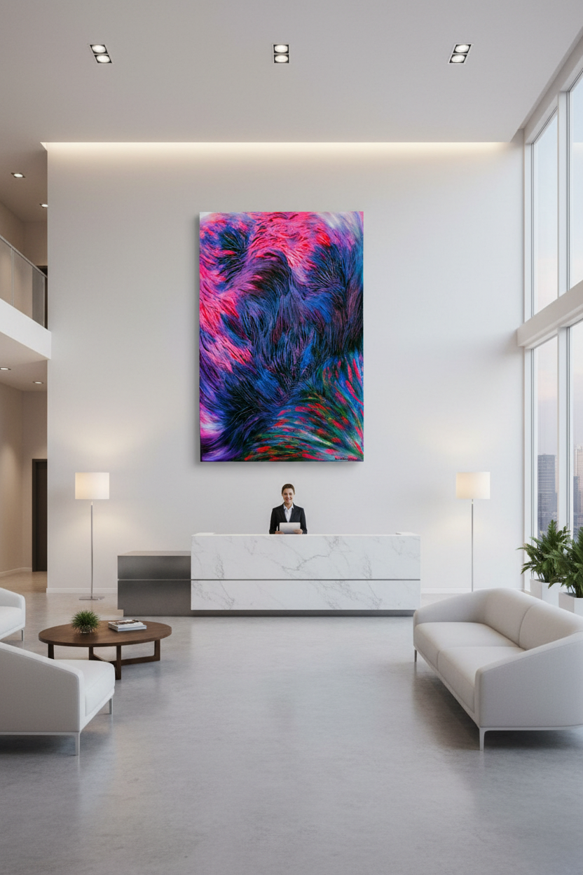 Brainstorm color abstract canvas print displayed as a focal point behind a reception desk in a modern corporate lobby
