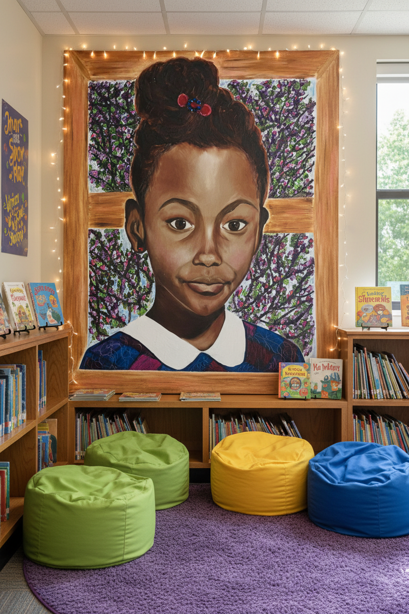 Baby Minnow color canvas print displayed in a school library reading nook with bookshelves