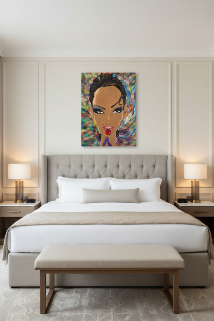 Alter Ego color canvas print staged as a statement piece in a luxurious boutique hotel bedroom