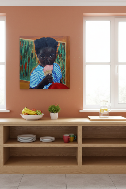 Blacker the Berry color canvas print hung on a terracotta wall in a bright family kitchen