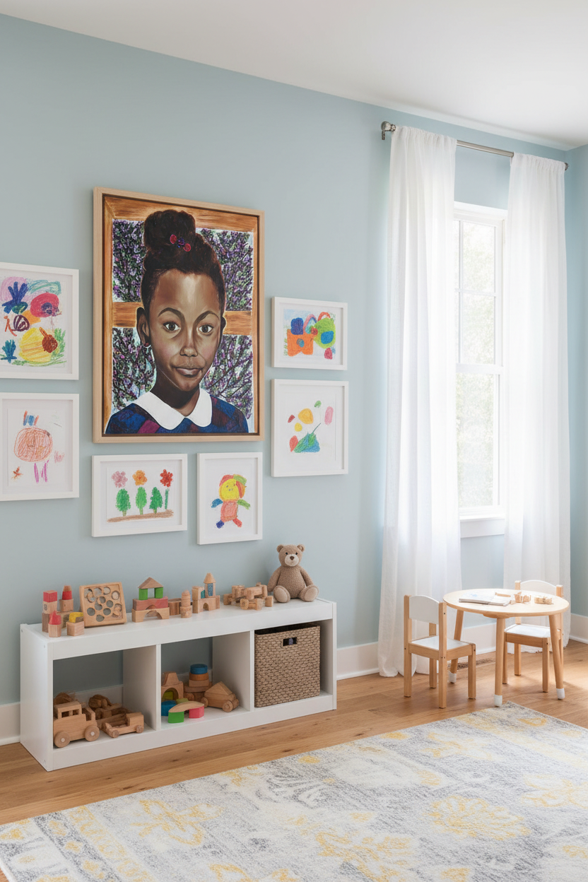 Baby Minnow color canvas print as part of a gallery wall in a bright nursery playroom