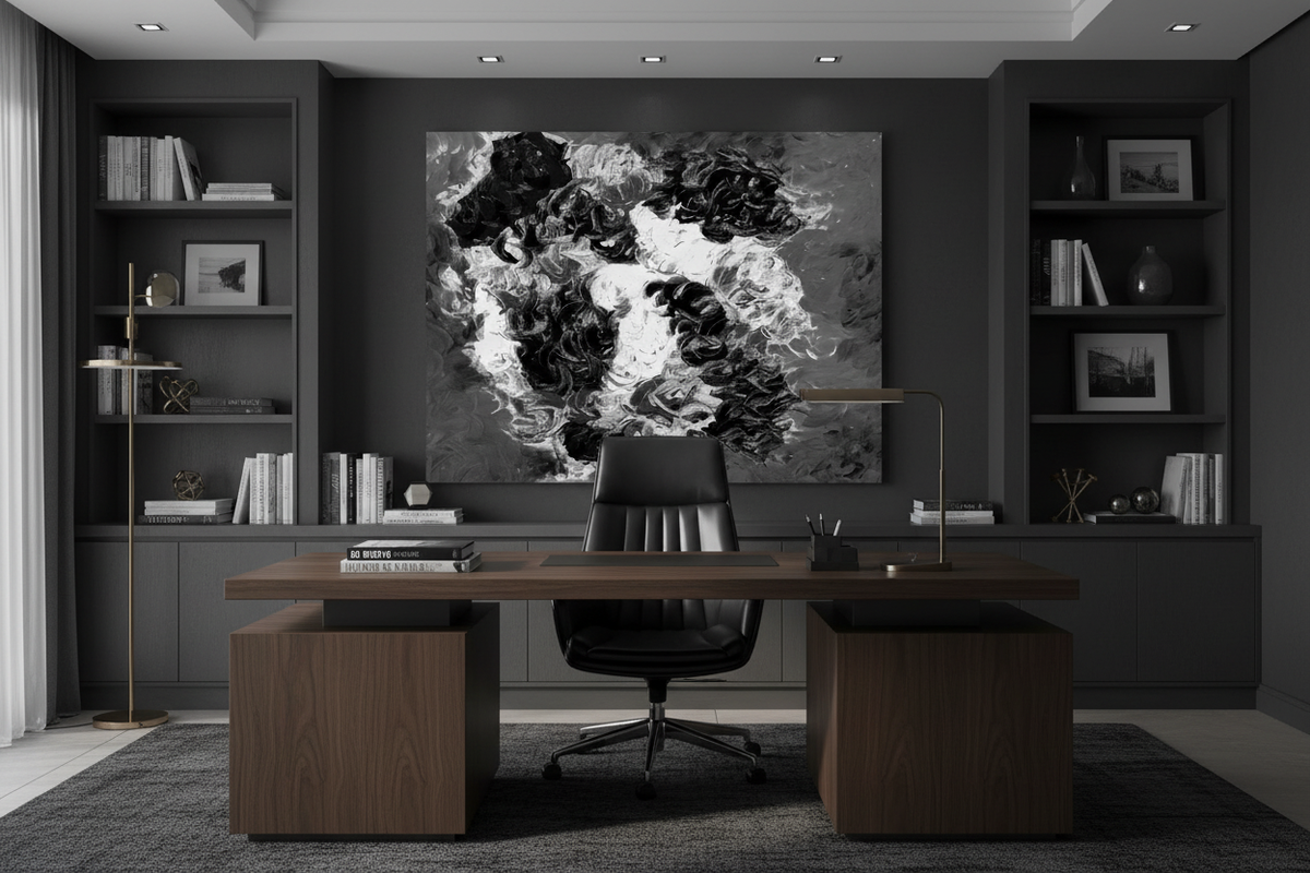 Buffalo abstract canvas print in monochrome displayed on a dark charcoal wall in a bold executive office with walnut desk and leather chair