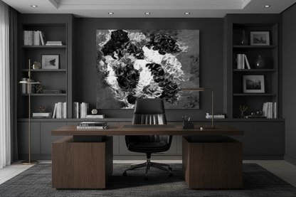 Buffalo abstract canvas print in monochrome displayed on a dark charcoal wall in a bold executive office with walnut desk and leather chair