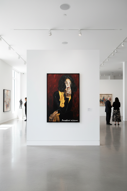 Deb In Paris portrait canvas print displayed as a featured artwork on a white wall in an upscale contemporary art gallery with track lighting