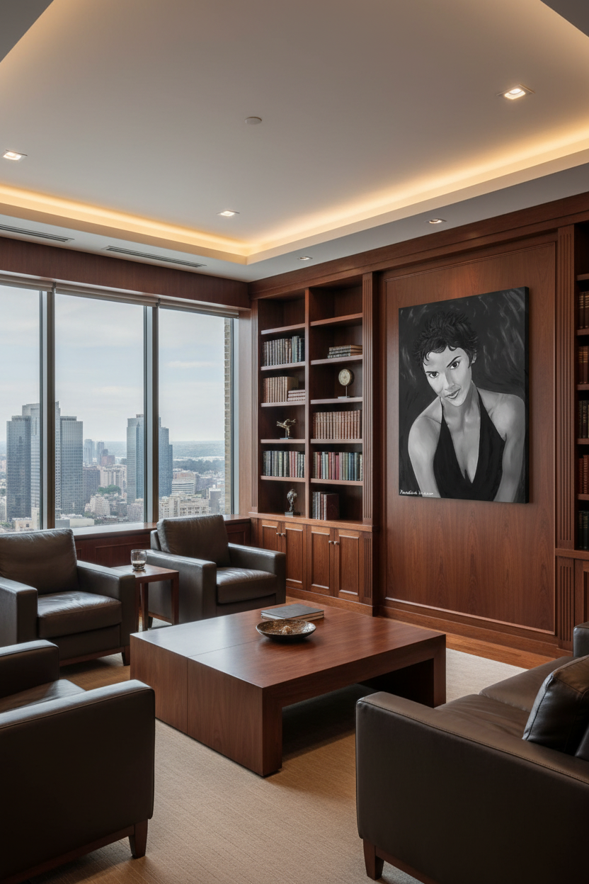 Halle Berry portrait canvas print in black and white monochrome displayed powerfully on a dark wall in a sleek prestigious law firm with floor-to-ceiling bookshelves