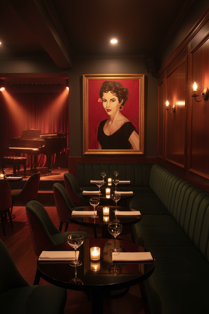 Dorothy Dandridge portrait canvas print as a dramatic feature wall centerpiece in a moody upscale jazz lounge and supper club with candlelit tables