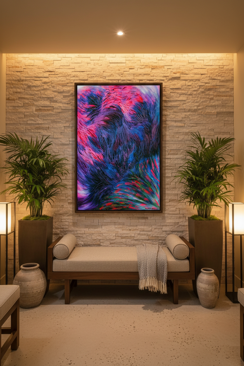 Brainstorm color abstract canvas print hung in an upscale spa and wellness center waiting area