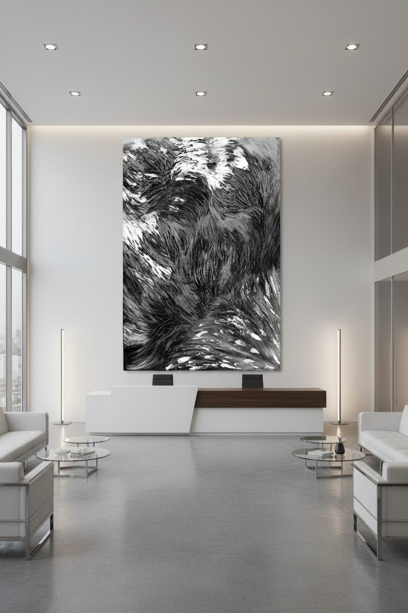 Brainstorm monochrome abstract canvas print displayed as a focal point behind a reception desk in a modern corporate lobby