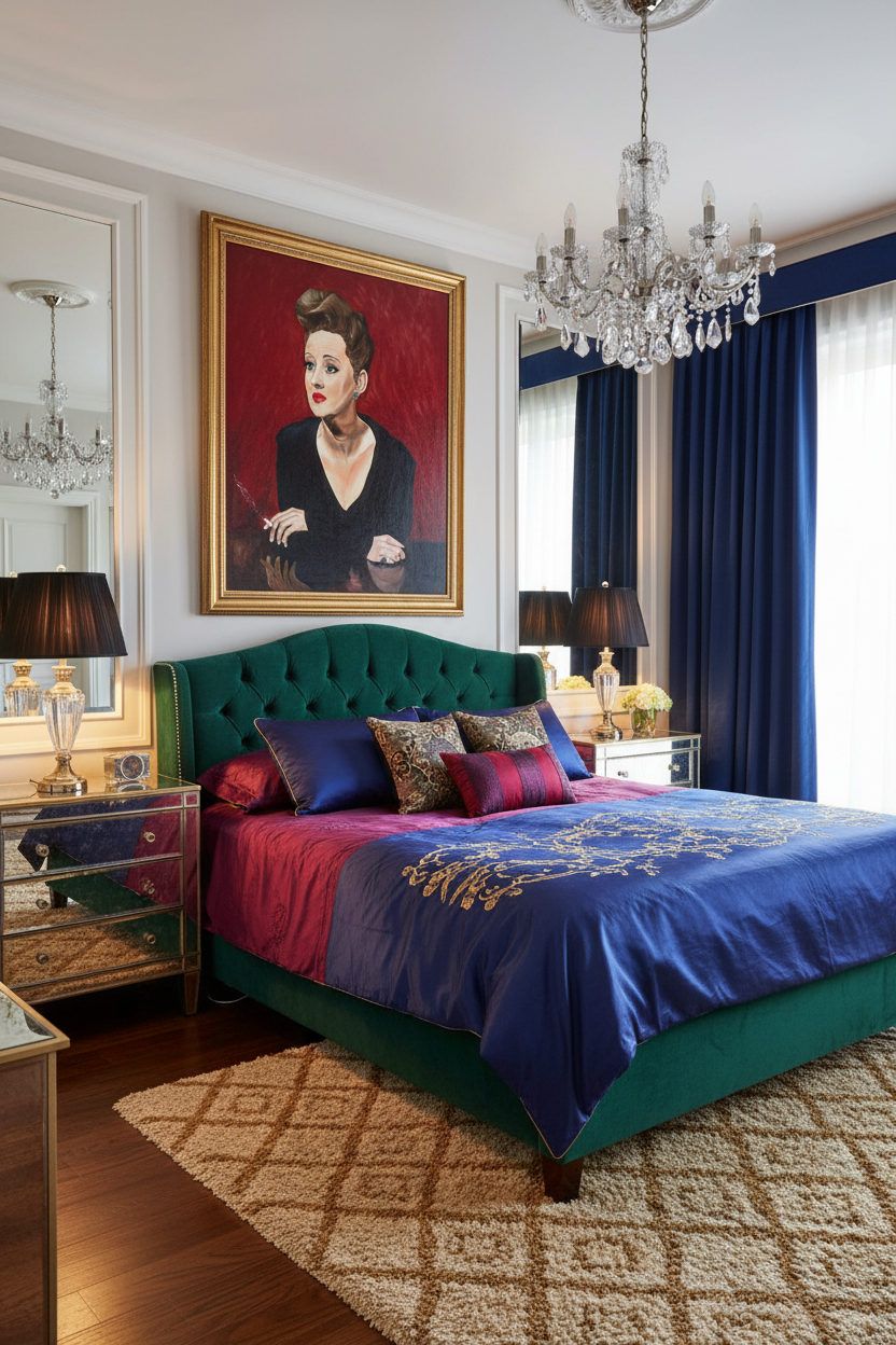 Bette Davis color canvas print hung in a luxurious Hollywood Regency style bedroom with gold accents