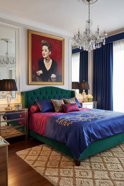 Bette Davis color canvas print hung in a luxurious Hollywood Regency style bedroom with gold accents