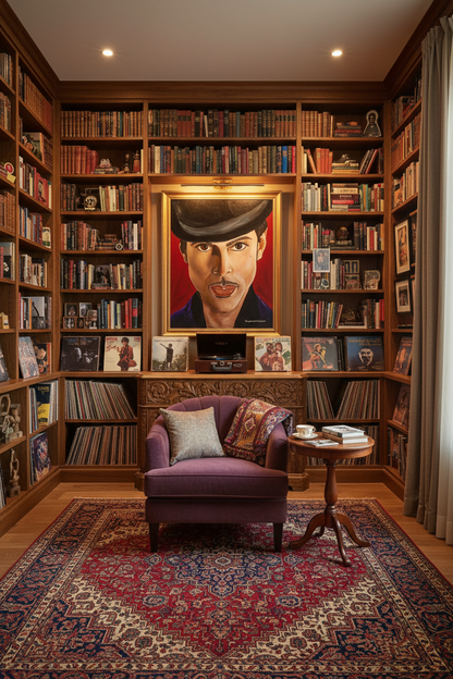 His Royal Badness Prince portrait canvas print as the crown jewel of a chic collector's study with floor-to-ceiling bookshelves and vintage vinyl record collection