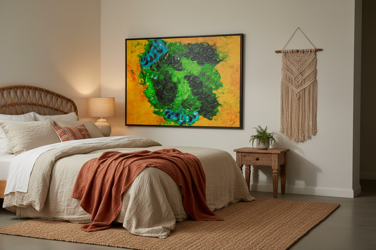 Buffalo abstract canvas print as a feature wall piece in a bohemian bedroom with rattan headboard and warm linen bedding