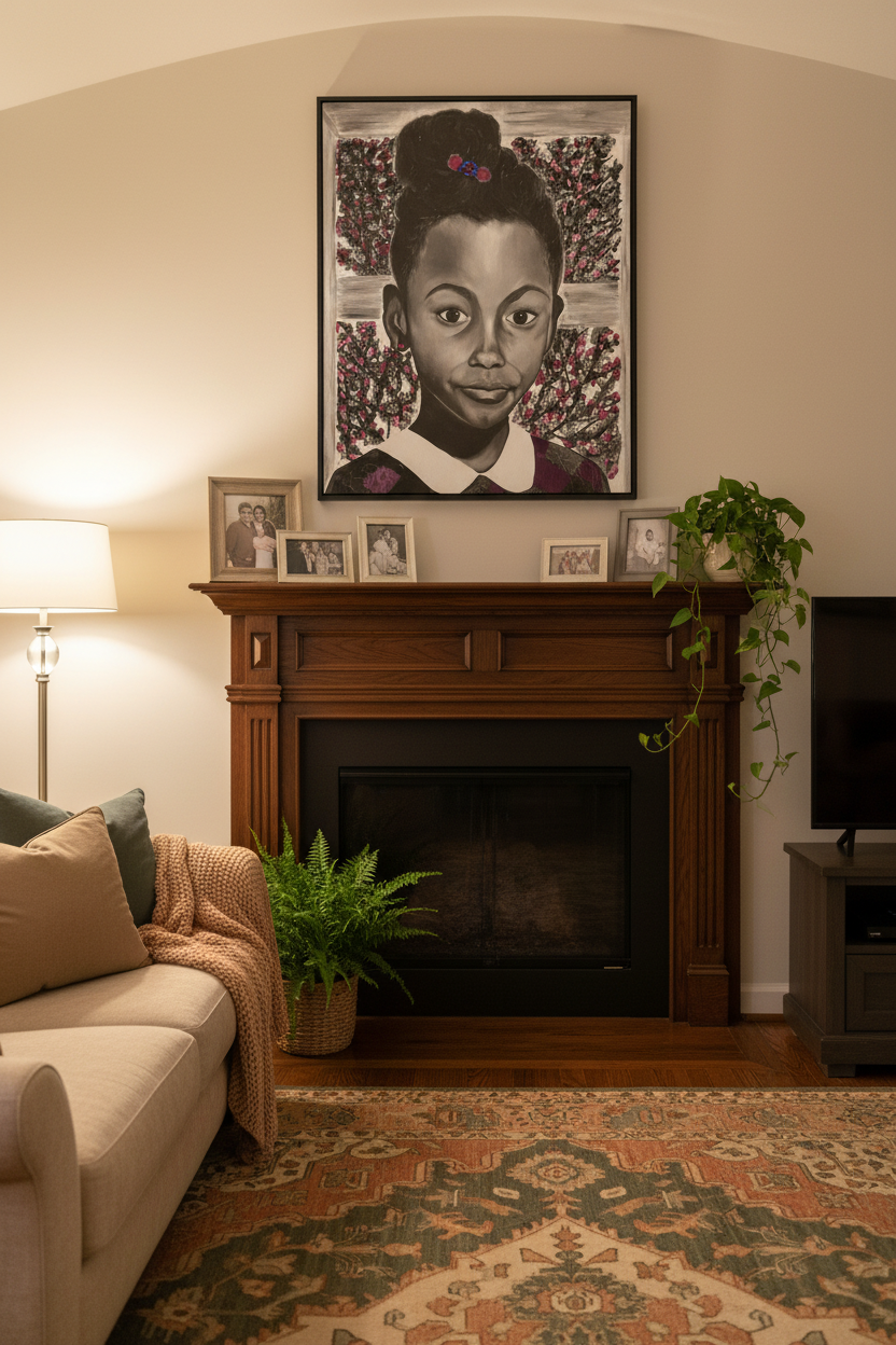 Baby Minnow monochrome canvas print displayed above a fireplace mantle in a cozy family living room