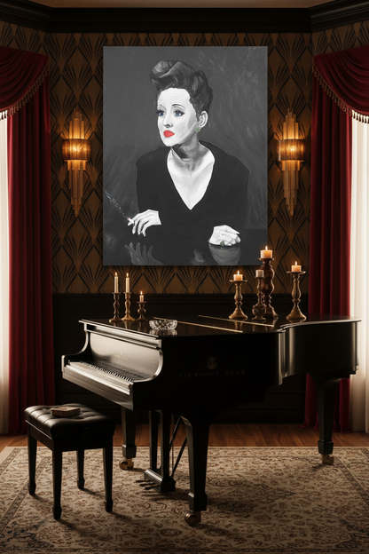 Bette Davis selective color monochrome canvas print hung above a Steinway grand piano in an Art Deco music room