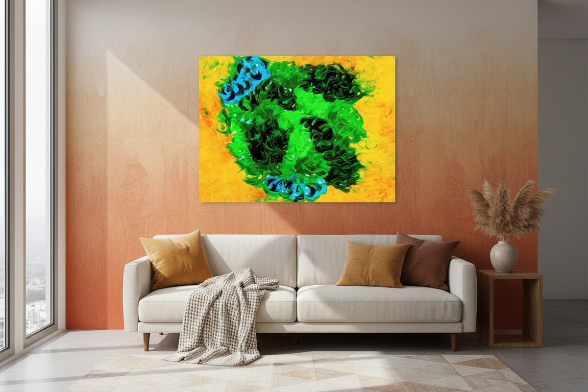 Buffalo abstract canvas print displayed on an amber terracotta accent wall above a mid-century sofa in a modern living room