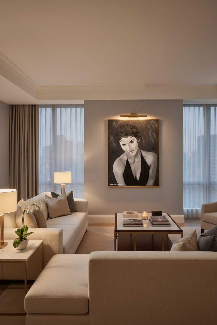 Halle Berry portrait canvas print in black and white monochrome displayed elegantly on a light grey wall in a high-end luxury hotel suite sitting room