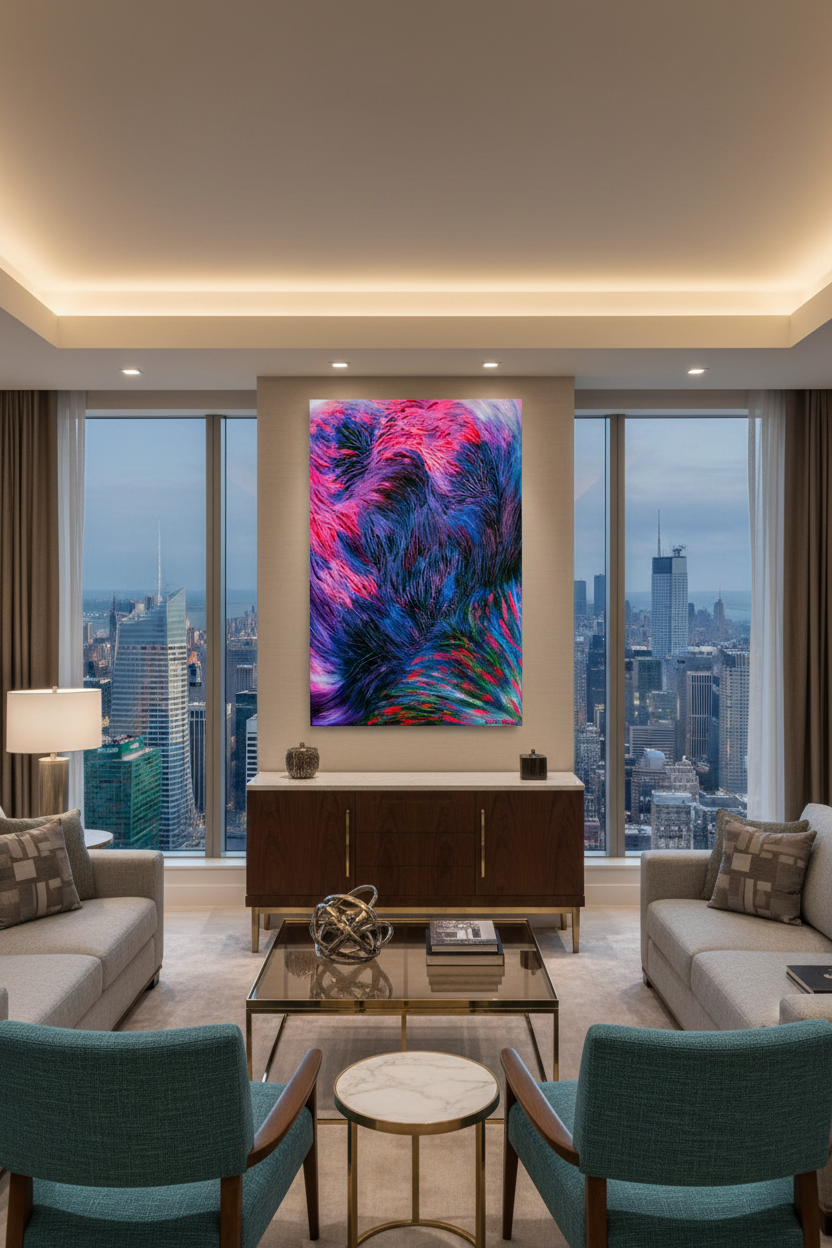 Brainstorm color abstract canvas print displayed above a credenza in a luxury hotel suite with city views